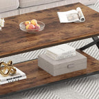HSH Rustic Coffee Table with Storage Shelf, Industrial Metal Wood Living Room Table, Farmhouse Minimalist Rectangle Center Table, Vintage Simple 2 Tier Cocktail Tea Table, Rustic Brown, 47 Inch