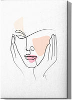 Aesthetic Face Wrapped Canvas Wall Art Hands on Cheeks Continuous Line Drawing Abstract Pink 24x36 Inch Gallery Stretched Modern Home Art Decor