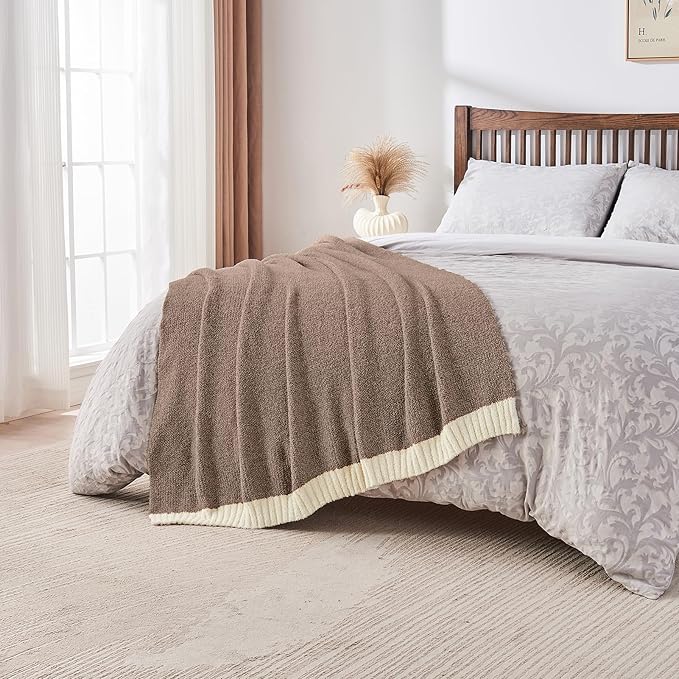 CozeCube Super Soft Fullfy Microfiber Reversible Knitted Blankets, Warm Cozy Fuzzy Plush Throw, Dark Brown and White Melange Throw Blanket for Couch Bed Sofa, 50" x 60"