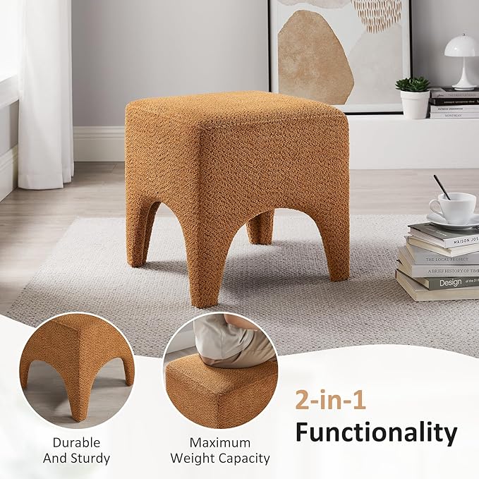 17" Boucle Modern Square Foot Stool Ottoman, Vanity Stool for Makeup, Rectangle Foot Rest for Couch, Upholstered Ottoman Stool for Living Room, Bedroom, Entryway (2, Curry)