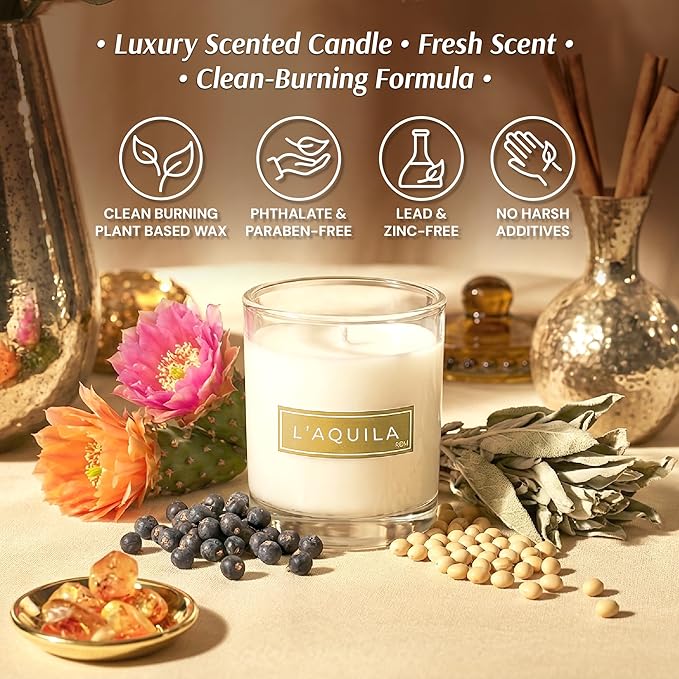 L’Aquila Luxury Scented Candles, Natural Plant Based Wax with Bergamot and Fig Notes, Long Lasting 60 Hours Burn Time, 9oz Glass Jar Candles for Home, Relaxation & Gifts