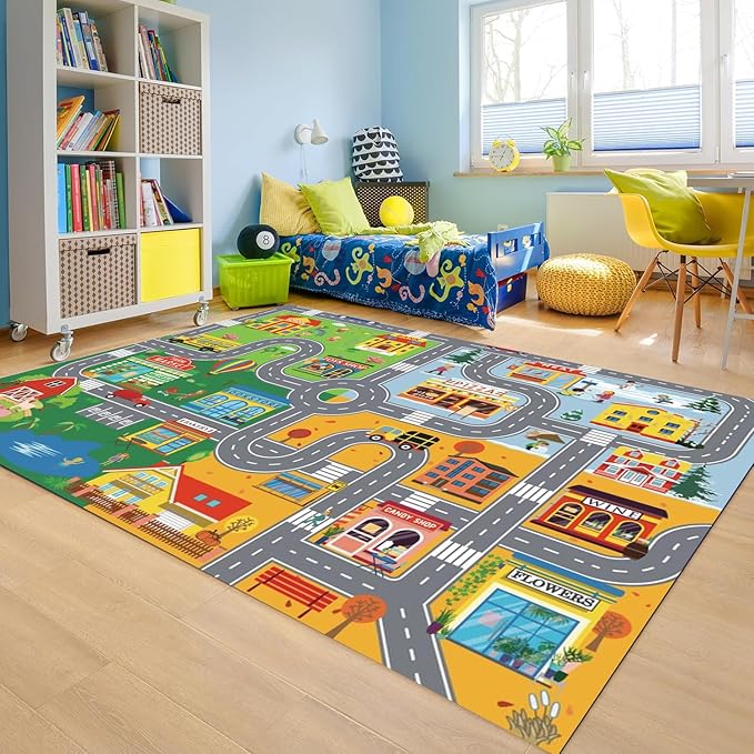 Car Rugs for Kids Toy Cars,Kids Play Rug with Non-Silp Backing, City Road Carpet for Playroom Bedroom Boys, Car Track Map Playmat - 6'7" x 4'11" (Rectangular)