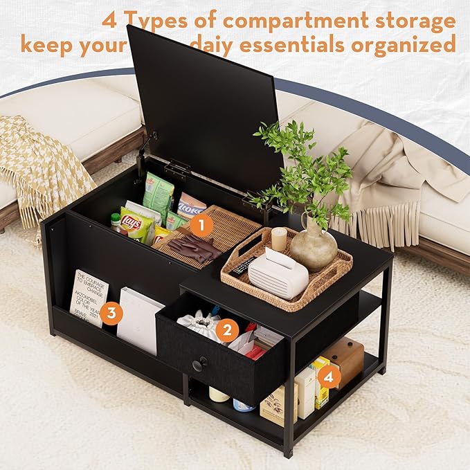 SINPAID Coffee Table with Storage, Rectangular Coffee Tables for Living Room, Modern Coffee Table with Hidden Storage Compartment and Adjustable Shelves, Black
