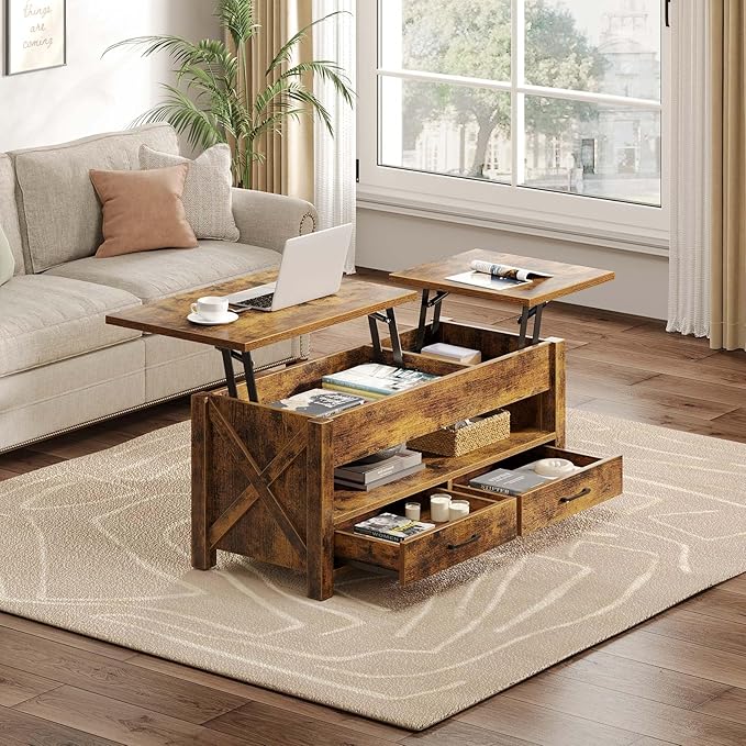 Seventable Coffee Table, 47.2" Lift Top Coffee Table with 2 Storage Drawers and Hidden Compartment, Farmhouse Center Table with Wooden Lift Tabletop, for Living Room,Rustic Brown