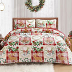 Exclusivo Mezcla Reversible Christmas Quilts Queen Size, Red Bedspread Lightweight Coverlet Winter Patchwork Quilt Bedding Set with Printed Reindeer Wreaths Pattern (1 Quilt, 2 Pillow Shams)