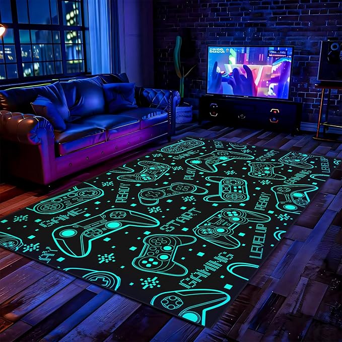 4x6 Gaming Rug for Boys Room - 3D Printed Games Theme Fluorescent Green Gamer Area Rug for Livingroom Teen Boy Gamer Room Rug Decor Video Game Area Carpet for Bedroom,Game Room