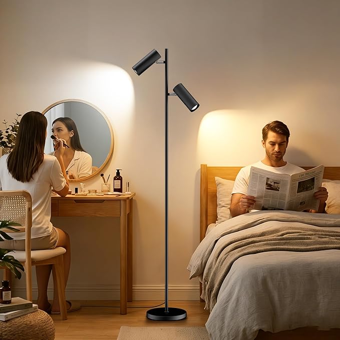 Spotlight Floor Lamp, Tall LED Standing Lamp with Remote/Touch Control, 2700K-6500K, 350°Rotating Head Standing Lamp, Reading Floor Lamp for Living Room, Bedroom, Office & Wall Art, Dual Head