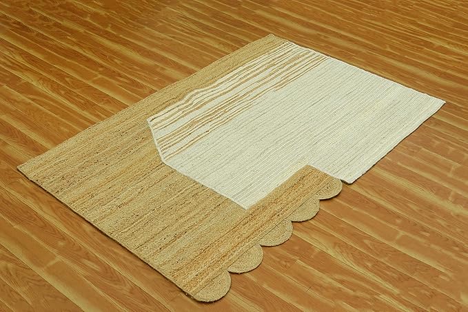 Scalloped Edge Rug, Hand Woven Natural Jute Area Rug, 4x7 Ft Beige & Brown Braided Sisal Kilim Rugs for Living Room, Kitchen, Entryway, Farmhouse