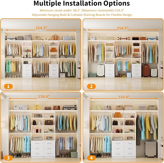Closet System with Drawers, 8FT-12FT Closet Organizer System 96" -154.5" Walk in Wood Closet Storage System with Shelves Hanging Rods Corner Wall Mount, 2 Set