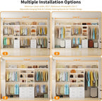 Closet System with Drawers, 8FT-12FT Closet Organizer System 96" -154.5" Walk in Wood Closet Storage System with Shelves Hanging Rods Corner Wall Mount, 2 Set