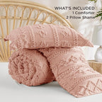 Bedsure Tufted Boho Comforter Set King Size - Light Pink Boho Bed Set, GentleSoft™ 3 Pieces Farmhouse Shabby Chic Embroidery Bedding, Gifts for Woman, Soft Jacquard King Comforter for All Seasons