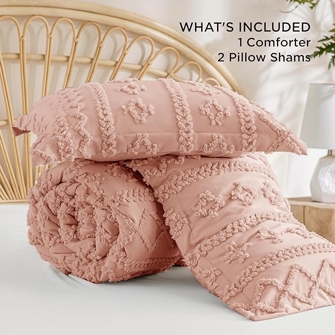 Bedsure Tufted Boho Comforter Set Queen Size - Light Pink Boho Bed Set, GentleSoft™ 3 Pieces Farmhouse Shabby Chic Embroidery Bedding, Gifts for Woman, Soft Jacquard Queen Comforter for All Seasons
