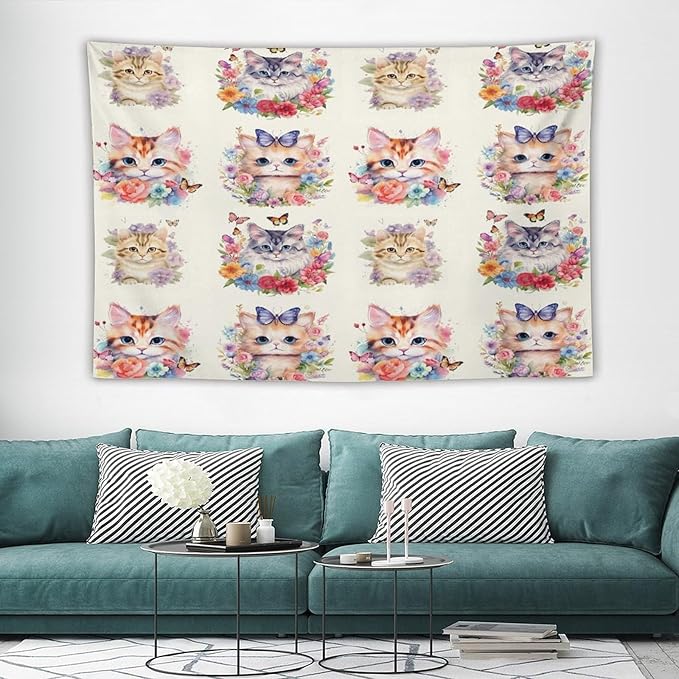 VUMIVI Watercolor Flower Cat Tapestry Colorful Cartoon Cute Animals Butterflies Abstract Art Print Tapestry Wall Hanging for Living Room Bedroom Dorm Classroom Aesthetic Decor W90xL60in