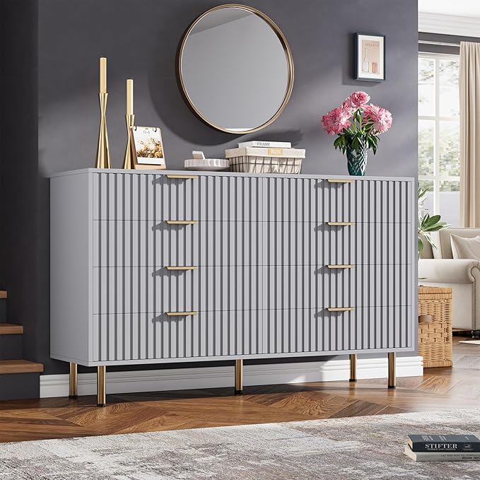 8 Drawer Dresser for Bedroom, Fluted 55 in Wide Modern Chest of Drawers with Deep Drawers, Long Large Double Dresser TV Stand, Wooden Dresser Organizer for Living Room, Hallway, Kids Room, Grey