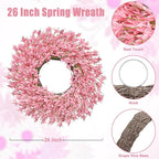 26 Inch Spring Wreaths for Front Door Large Valentines Spring Door Wreath Easter Wild Floral Summer Wreaths Outside All Season for Farmhouse Porch Wall Wedding Living Room Home Decor(Pink)