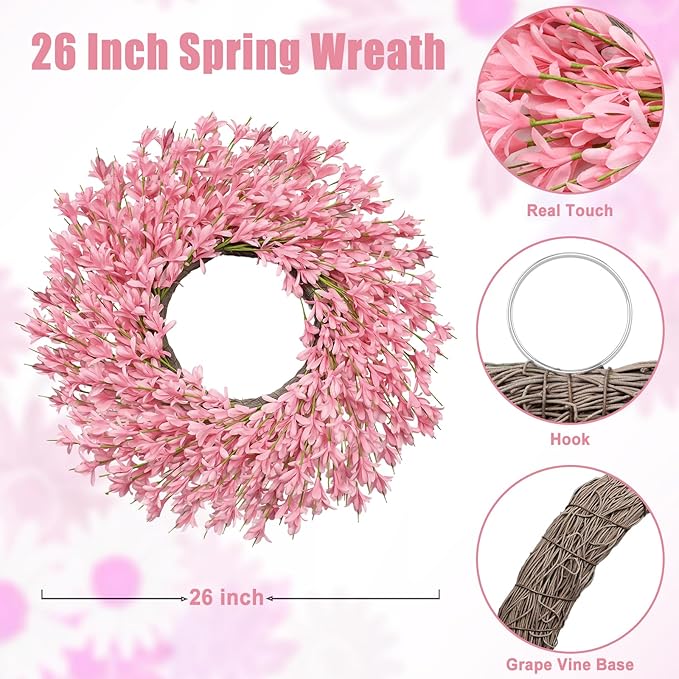 26 Inch Spring Wreaths for Front Door Large Valentines Spring Door Wreath Easter Wild Floral Summer Wreaths Outside All Season for Farmhouse Porch Wall Wedding Living Room Home Decor(Pink)