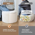 Luxury Round Stuffed Floor Poufs Ottoman, Stripe Faux Fur Footrest with Dual Layer Comfort, Removable Washable Cover, 20"x15" Plush Shaggy Pouf for Living Room Bedroom Vanity, Cream Beige