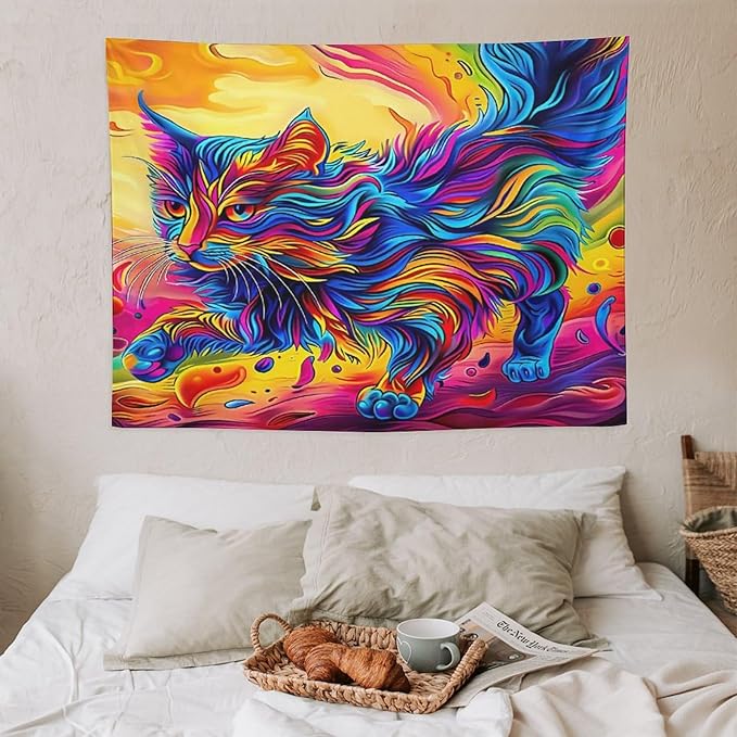 VUMIVI Colorful Cat Tapestry Pet Oil Painting Print Rainbow Colorful Abstract Art Pattern Tapestry Wall Hanging for Living Room Bedroom Dorm Classroom Aesthetic Decor W40xL30in