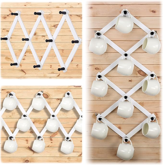 Dseap Accordian Wall Hanger: 16” High Wooden Wall Expandable Coat Rack, Hat Rack Holder, Accordion Hook for Baseball Caps, Coats, Mugs, 10 Peg Hooks, White & Black