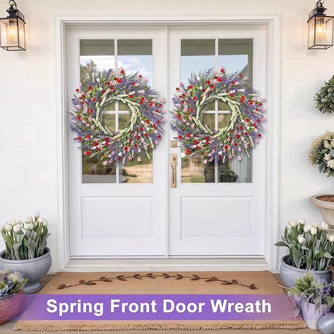 26 Inch Lavender Wreath Summer Spring Wreaths for Front Door Wreaths for Front Door for Wedding Farmhouse (Red Pink Lavender)
