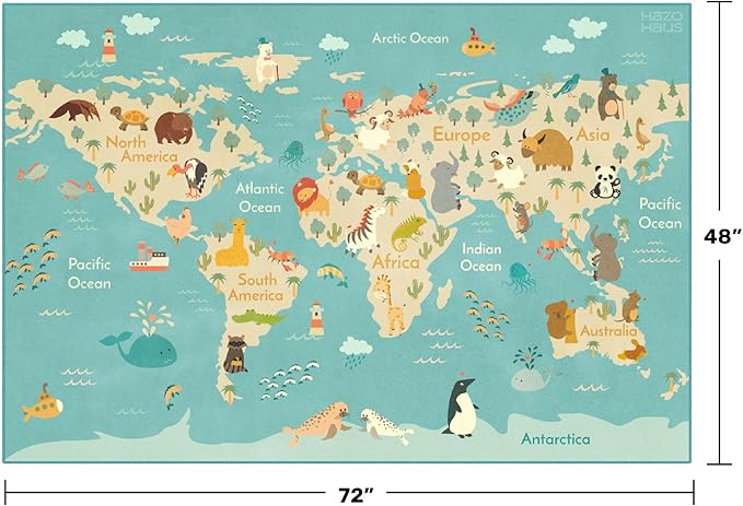 4x6 World Map Kids Rug with Animals – Educational Washable Play Mat for Toddlers, Cute Global Animal, Featuring Continents & Native Wildlife Carpet for Bedroom or Classroom - Blue