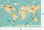 4x6 World Map Kids Rug with Animals – Educational Washable Play Mat for Toddlers, Cute Global Animal, Featuring Continents & Native Wildlife Carpet for Bedroom or Classroom - Blue