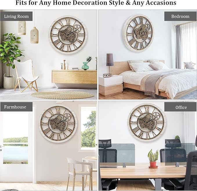 Wall Clock, 24 Inch Moving Gears Clock Large Wall Clock for Living Room Decor Rustic Vintage Industrial Steampunk Farmhouse Big Clock for Home Kitchen Bedroom Office