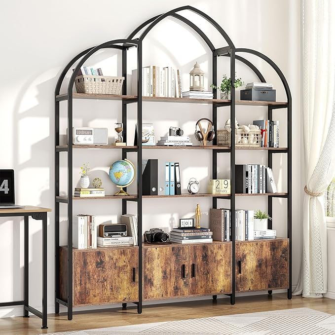 Semoic Arched Bookshelf and Bookcase with 3 Cabinets, Triple Wide 5 Tier Standing Book Shelf, Storage Display Rack Shelves, Industrial Open Bookshelf, Etagere Bookcase, Brown+Black