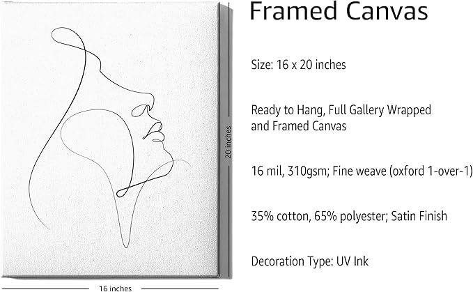 Minimalist Woman Profile Wrapped Canvas Wall Art Upward Gaze Continuous Line Drawing 16x20 Inch Gallery Stretched Modern Asian Home Art Decor