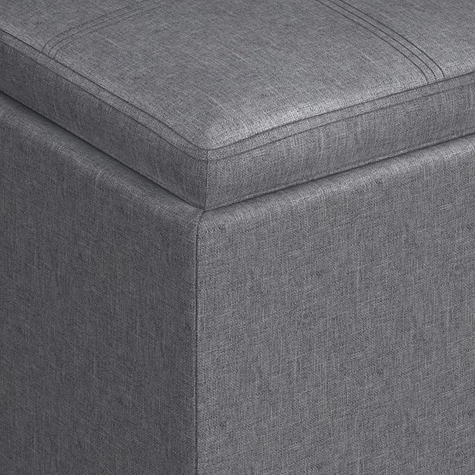 SIMPLIHOME Rockwood Cube Storage Ottoman with Tray - 17 inch Wide Upholstered Linen Look Fabric Square Storage Ottoman in Slate Grey, Contemporary Cube Ottoman for Living Room with Serving Tray