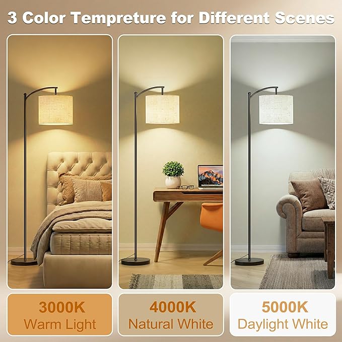 Floor Lamp, LED Floor Lamp with Foot Switch & Adjustable Linen Lampshade, Tall Modern ARC Standing Lamps for Living Room Office Bedroom (9W Replaceable Blub)