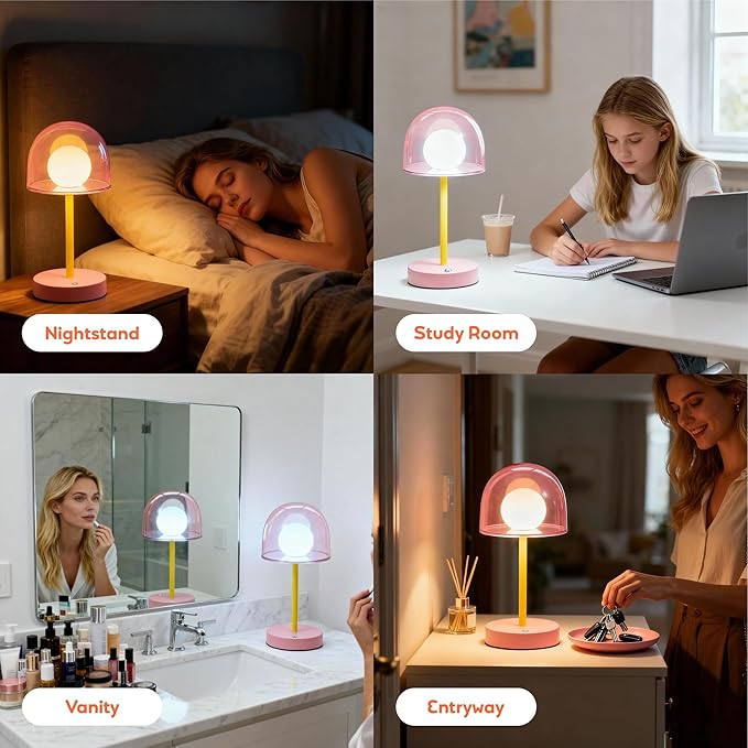 Rechargeable Bedside Lamp with 3CCT & Stepless Dimming, LED Artistic Table Lamp, Battery Powered Mushroom Light for Kids Room Playroom Desk Nightstand (Pink)