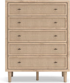 Signature Design by Ashley Cielden Contemporary Chest of Drawers with Textured Cane Details and 5 Drawers, Bronze Knobs, Wood, 52.48" High, Light Brown
