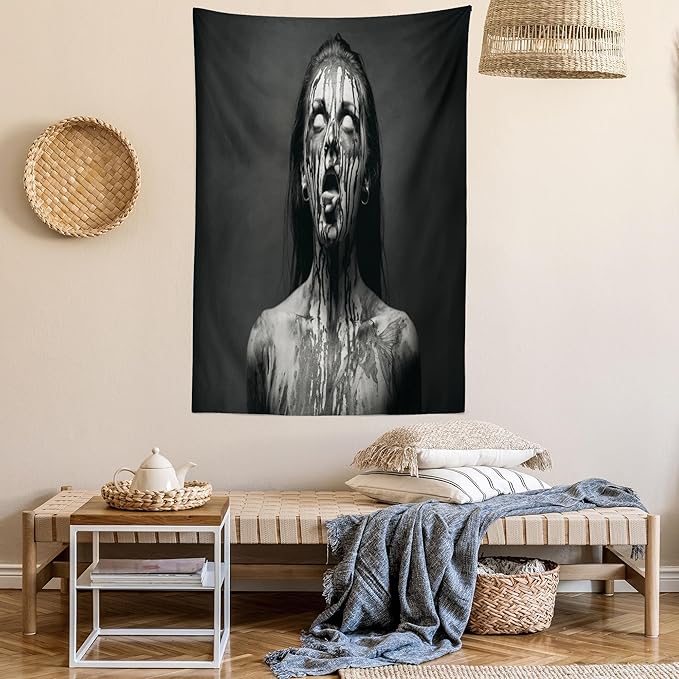 Ambesonne Zombie Tapestry Queen Size, Unusual Scream Monster Woman with Empty Eyes Looking up Horror Picture Design, Wall Hanging Bedspread Bed Cover Wall Decor, Queen Size, Black and White