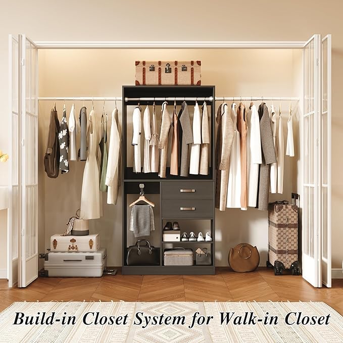 Flrrtenv Closet System, 6.8-9.8Ft Closet Organizer with 2 Wooden Drawers and Pull-out Pants Organizer Rod, Walk-in Wood Closet Organizer Wardrobe Clothes Rack with 3 Hanging Rods, Garment Rack, Black