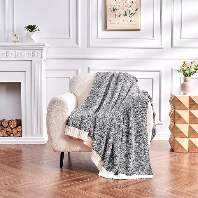 CozeCube Super Soft Fullfy Microfiber Reversible Knitted Blankets, Warm Cozy Fuzzy Plush Throw, Black and White Melange Throw Blanket for Couch Bed Sofa, 50" x 60"