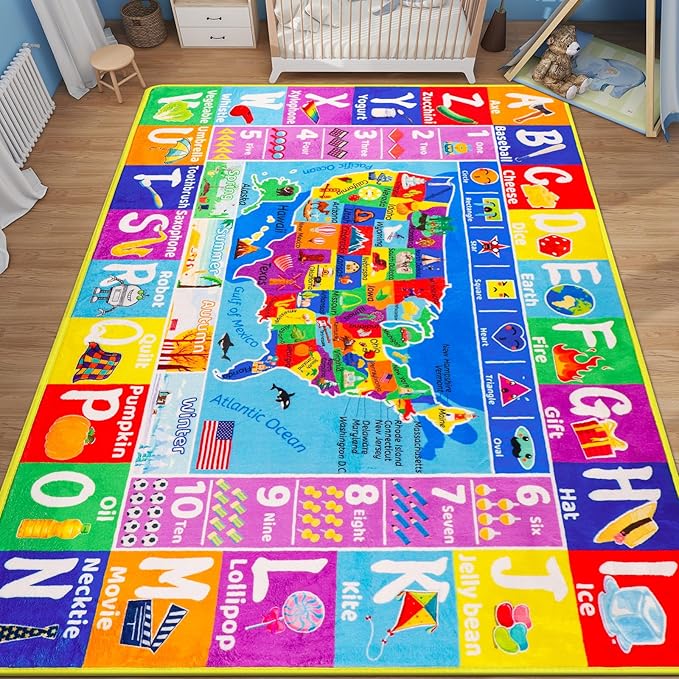 USA Map ABC Kid Rug for Playroom 110"×78.7"Geography Classroom Play Rug Educational Baby Playmat State Symbols, ABC Letters, Numbers, Seasons&Shapes Fluffy Ployester Non-Slip Preschool Nursery Rug