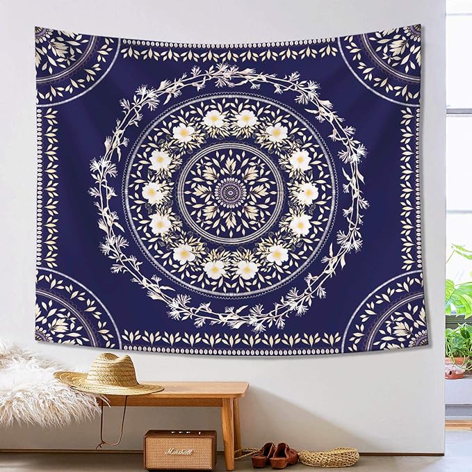 Lifeel Blue Bohemian Tapestry Wall Hanging, Mandala Floral Medallion Hippie Tapestry with White Aesthetic Wreath Design, Navy Wall Decor Blanket for Bedroom Home Dorm, Large 68×80 inches