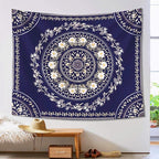 Lifeel Blue Bohemian Tapestry Wall Hanging, Mandala Floral Medallion Hippie Tapestry with White Aesthetic Wreath Design, Navy Wall Decor Blanket for Bedroom Home Dorm, Large 68×80 inches