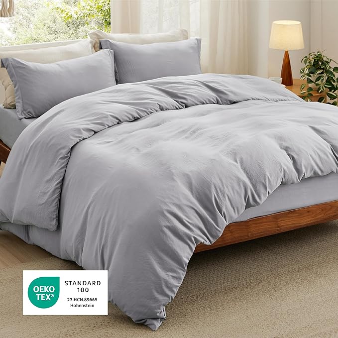 Bedsure Duvet Cover Queen Size with Fitted Sheet - 4 Pieces Prewashed Cotton-Like Extra Soft Bedding Set, Includes 1 Duvet Cover 90x90 Inches, 2 Pillow Shams, 1 Fitted Sheet, Light Grey