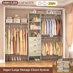 Armocity 96 Inches Closet System, 8FT Walk In Closet Organizer with 3 Shelving Towers, Heavy Duty Clothes Rack with 3 Drawers, Built-In Garment Rack, 96"L x 16"W x 75"H, Load 1000 LBS, White Oak