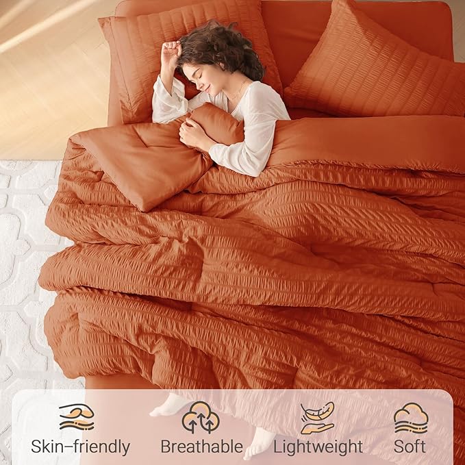 MUXHOMO 7 Pieces Queen Comforter Set, Seersucker Bed in a Bag Queen Size, All Season Luxury Bedding Set with Comforter, Flat Sheet, Fitted Sheet, Pillowcases & Shams, Burnt Orange