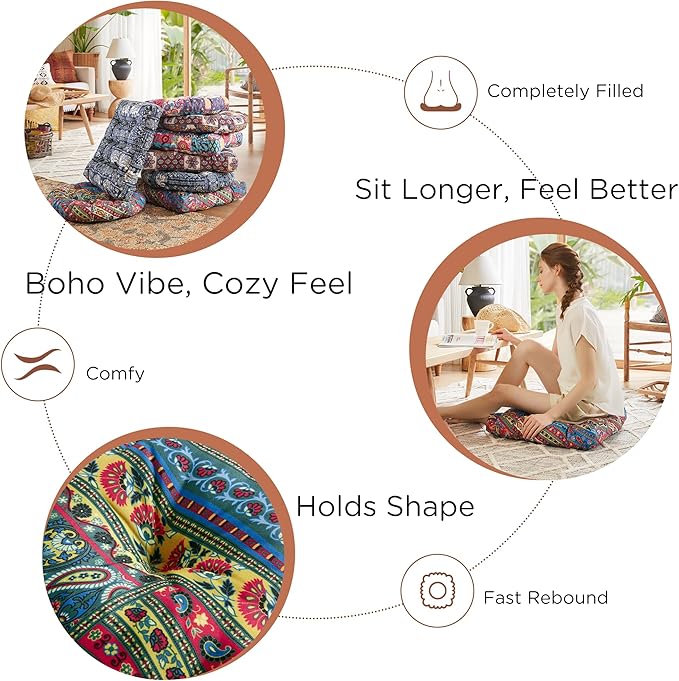 Codi Meditation Pillow, Large Pillows Sitting for Adults and Kids, Boho Cushions for Yoga Living Room Tatami Sitting Home Decor, Memory Foam Added, 22x22 Inch, Multi Blaidiere