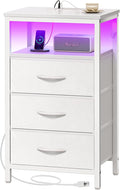 Huuger Night Stand with Charger Station and LED Lights, 3 Drawer Nightstand, Bed Side Table with Open Shelf, End Table, Tall Fabric Dresser for Bedroom, PU Leather, White