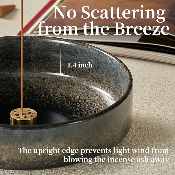 5.9" Ceramic Incense Holder with 10 Holes,5in1 Incense Tray for Sticks,Coil,Cone,Sage,Palo Santo,Handcrafted Burner Ash Catcher Smudge Bowl for Yoga Meditation Energy Cleansing Room Décor,Black