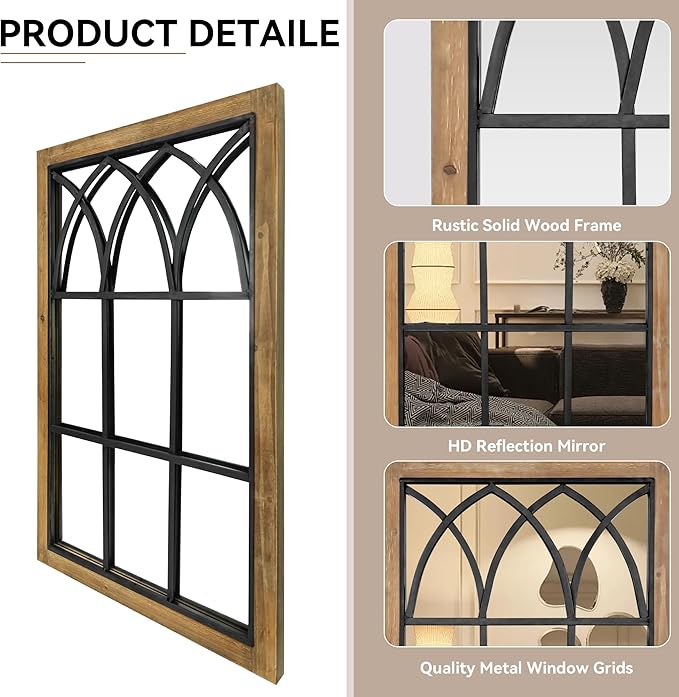 Oakrain Rustic Window Mirror for Wall Decor, 24”x37” Wood Frame Decorative Wall Mirror, Wall-Mounted Farmhouse Mirrors for Living Room, Bedroom, Entryway, Bathroom, Brown