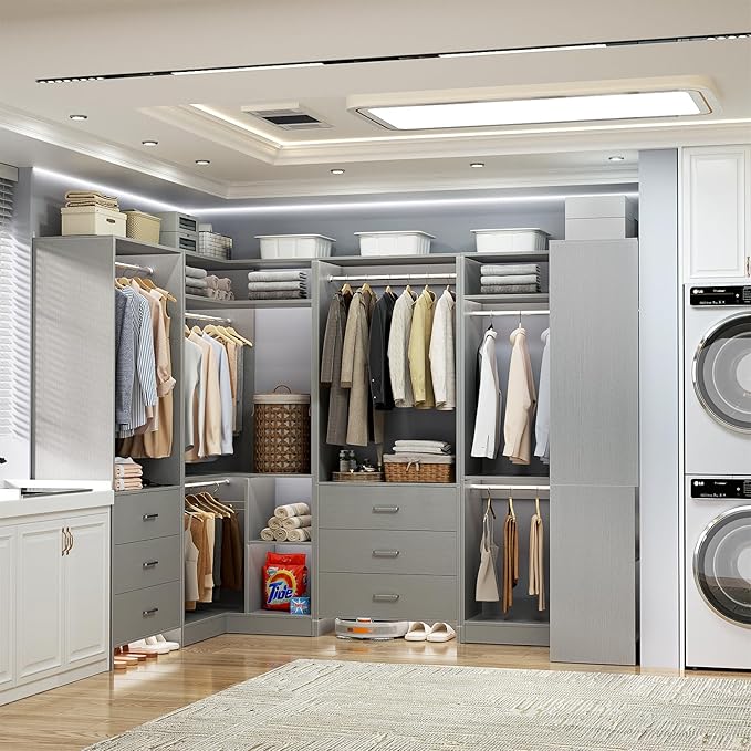 Aheaplus Closet System with 6 Drawers, 6 Hanging Rods & Corner Tower, Corner Closet System with Hanging,112.5" U-Shaped Walk-In Wardrobe Organizer, 2000+ lbs Capacity, Set of 4, Grey