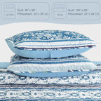 Exclusivo Mezcla Reversible Boho Quilts Queen Size, Blue Bedspreads Lightweight Coverlet All Season Bohemian Quilt Bedding Set with Printed Striped Floral Pattern (1 Quilt, 2 Pillow Shams)