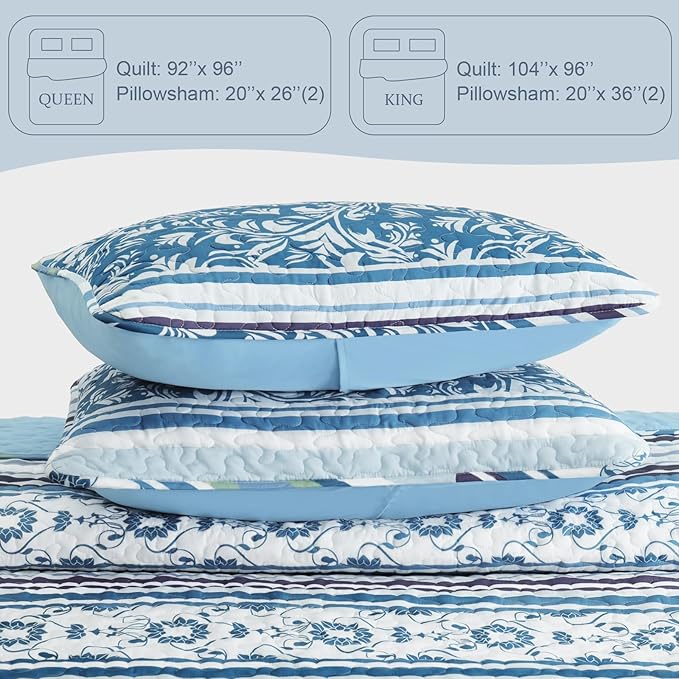 Exclusivo Mezcla Reversible Boho Quilts King Size, Blue Bedspreads Lightweight Coverlet All Season Bohemian Quilt Bedding Set with Printed Striped Floral Pattern (1 Quilt, 2 Pillow Shams)