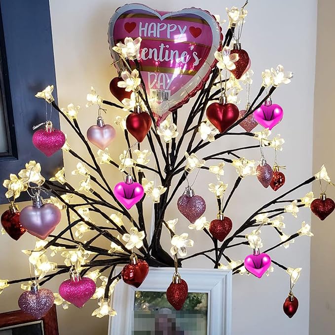 Valentine's Day Heart Ornaments for Tree - Valentine Ornaments Valentine Tree Decorations - Glitter Rose Gold Red Purple - Mini 24 Pcs